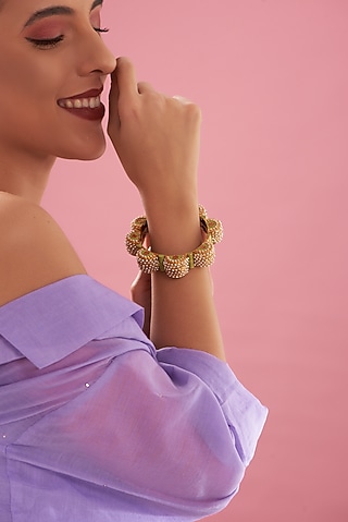 Gold Plated Pearl Enamelled Openable Kada by Just Shraddha