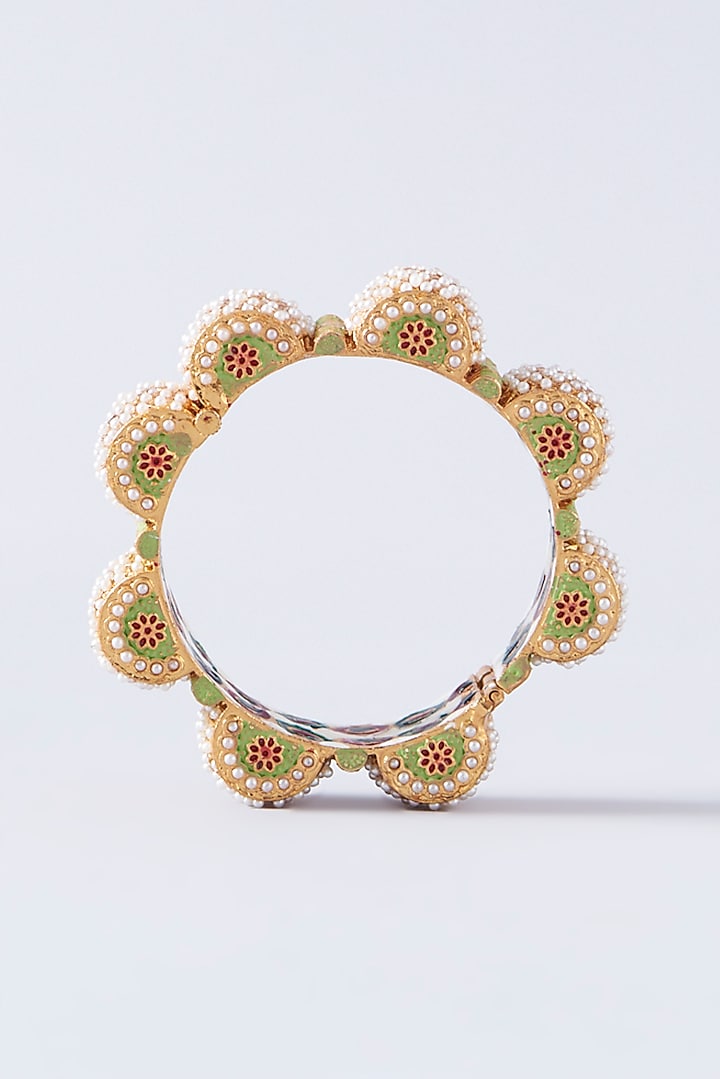 Gold Plated Pearl Enamelled Openable Kada by Just Shraddha at Pernia's Pop Up Shop
