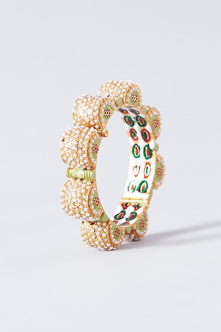 Gold Plated Pearl Enamelled Openable Kada by Just Shraddha at Pernia's Pop Up Shop