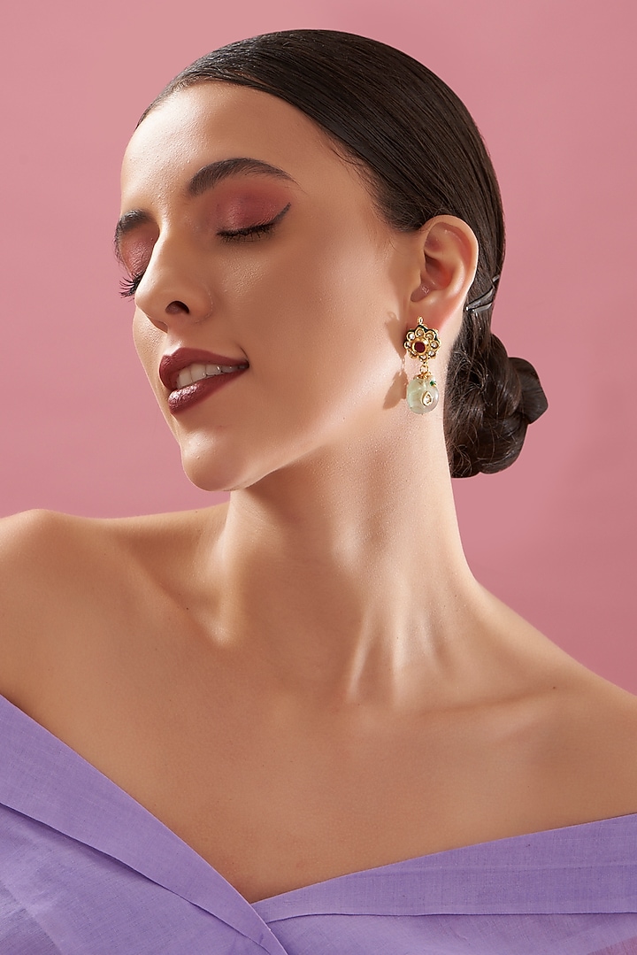 Gold Plated Green Kundan Polki & Stone Dangler Earrings by Just Shraddha at Pernia's Pop Up Shop