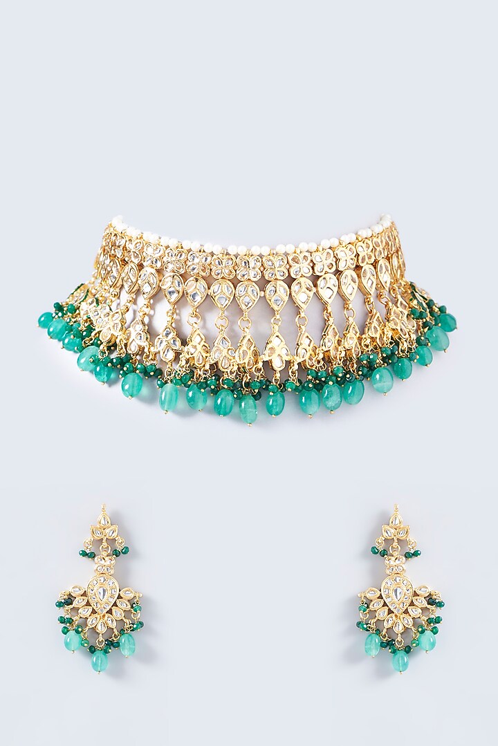 Gold Plated Green Kundan Polki & Beads Choker Necklace Set by Just Shraddha at Pernia's Pop Up Shop