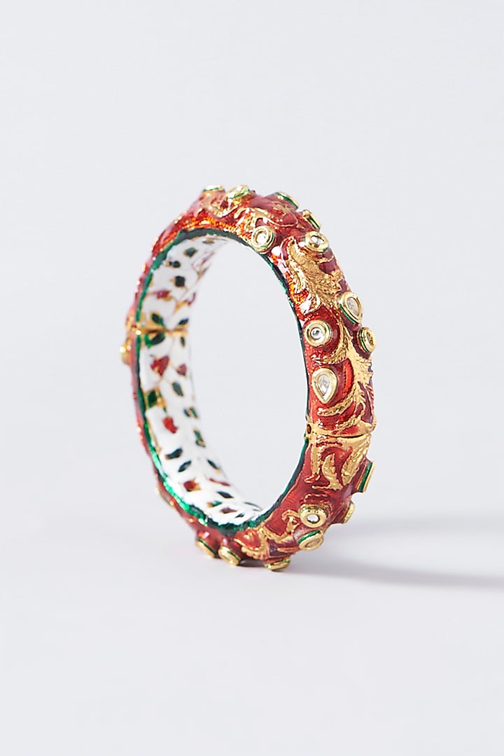 Gold Plated Kundan Polki Red Enamelled Openable Meenakari Kada by Just Shraddha at Pernia's Pop Up Shop