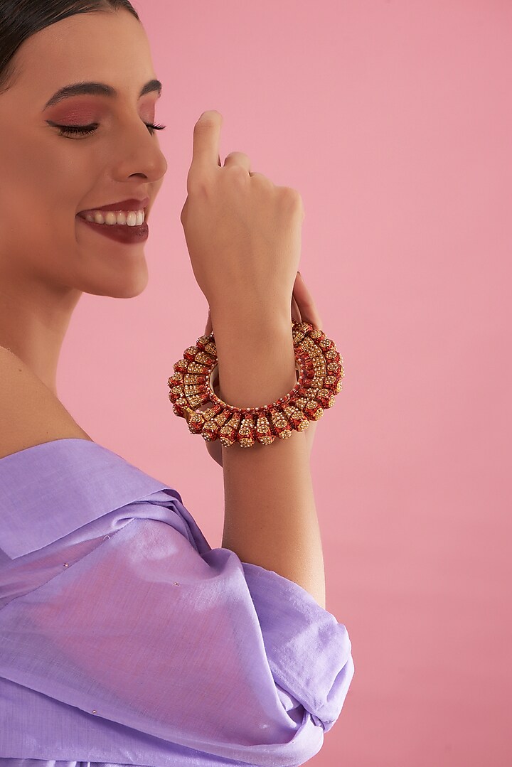 Gold Plated Red Enamelled Openable Kada by Just Shraddha