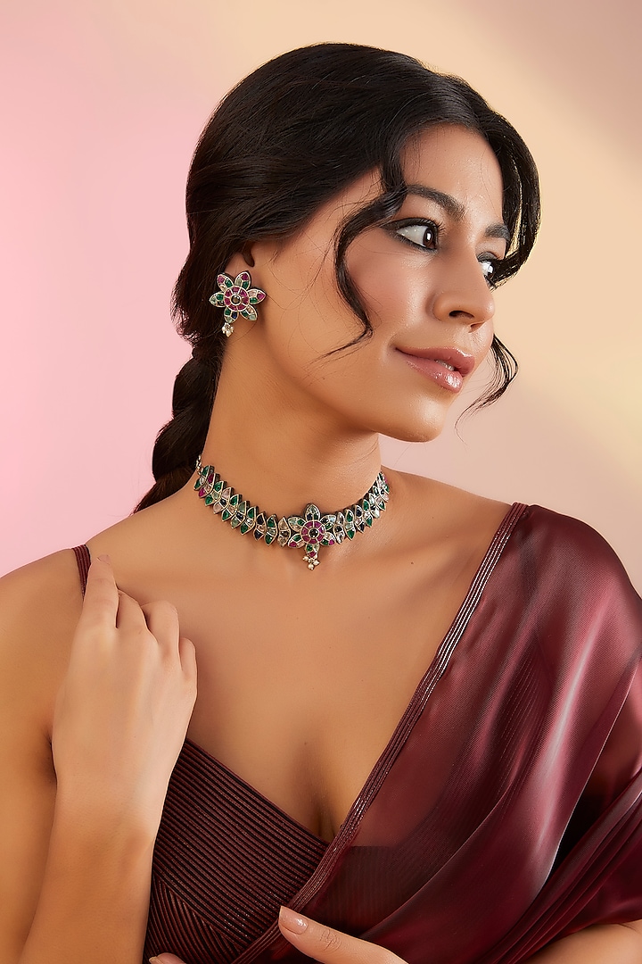 Oxidised Finish Multi-Colored Stone Choker Necklace Set by Just Shraddha