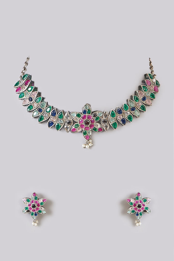Oxidised Finish Multi-Colored Stone Choker Necklace Set by Just Shraddha at Pernia's Pop Up Shop