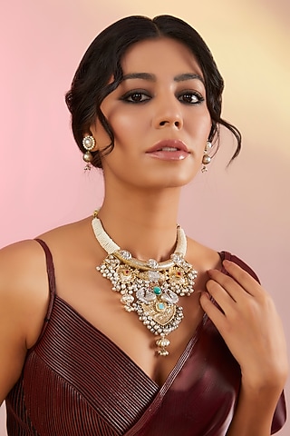 Oxidised Finish Multi-Colored Stone Choker Necklace Set by Just Shraddha