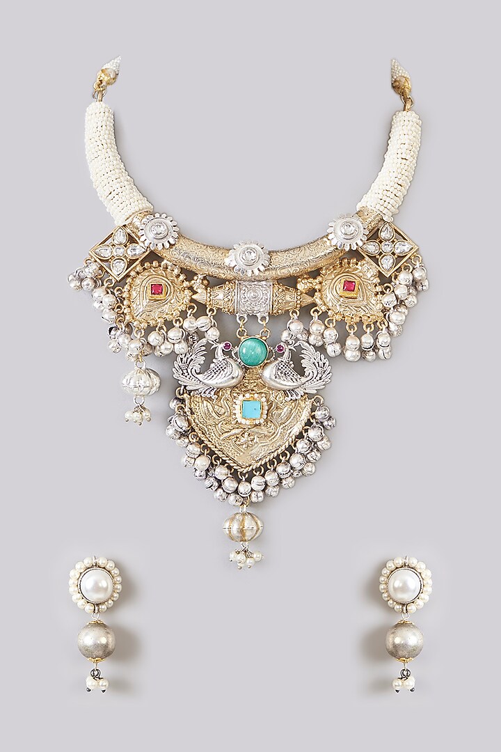 Oxidised Finish Multi-Colored Stone Choker Necklace Set by Just Shraddha at Pernia's Pop Up Shop