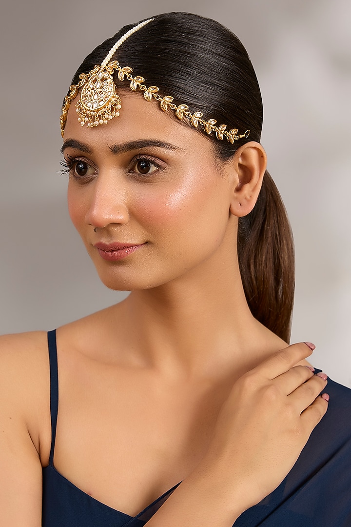 Gold Plated Kundan Polki & Pearl Mathapatti by Just Shraddha at Pernia's Pop Up Shop