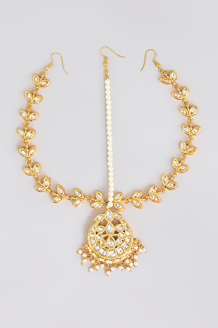 Gold Plated Kundan Polki & Pearl Mathapatti by Just Shraddha at Pernia's Pop Up Shop