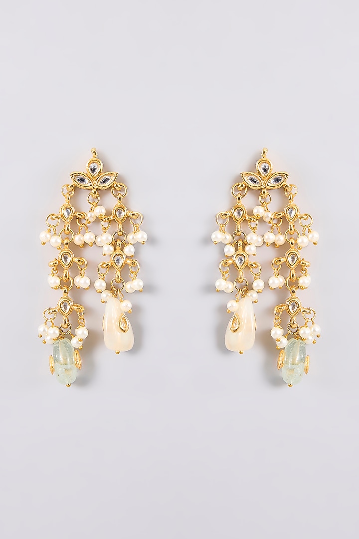 Gold Plated Pastel Stone & Pearl Dangler Earrings by Just Shraddha at Pernia's Pop Up Shop