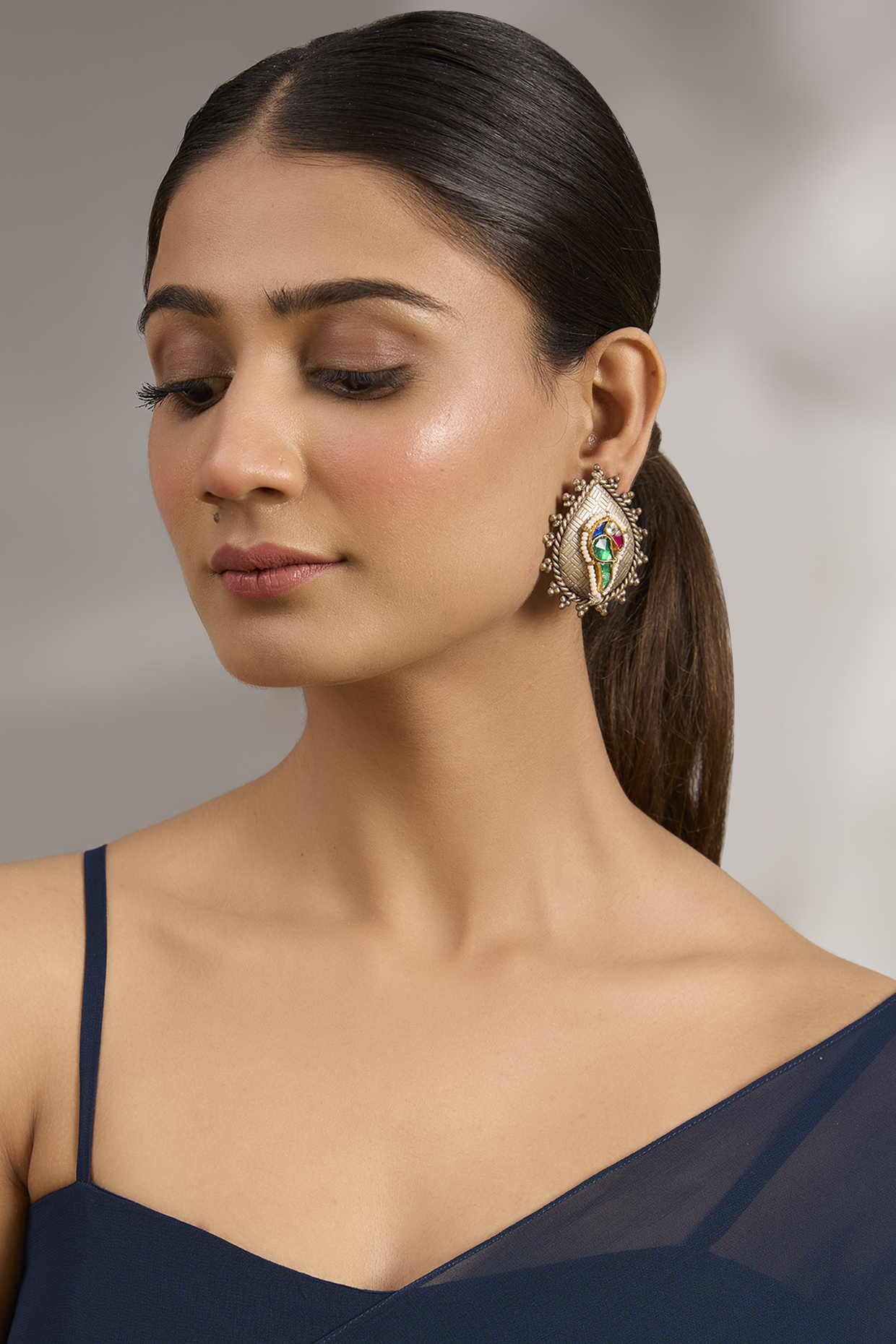 Two Tone Finish Multi-Colored Motif Stud Earrings by Just Shraddha at Pernia's Pop Up Shop