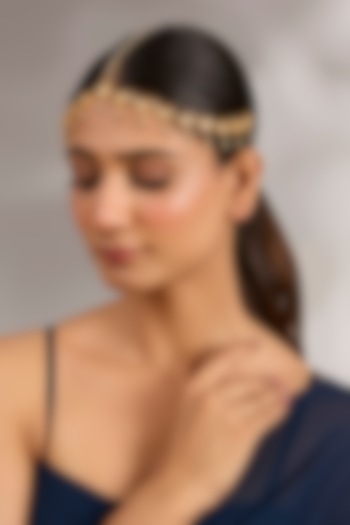 Gold Plated Pearl Enameled Mathapatti by Just Shraddha at Pernia's Pop Up Shop