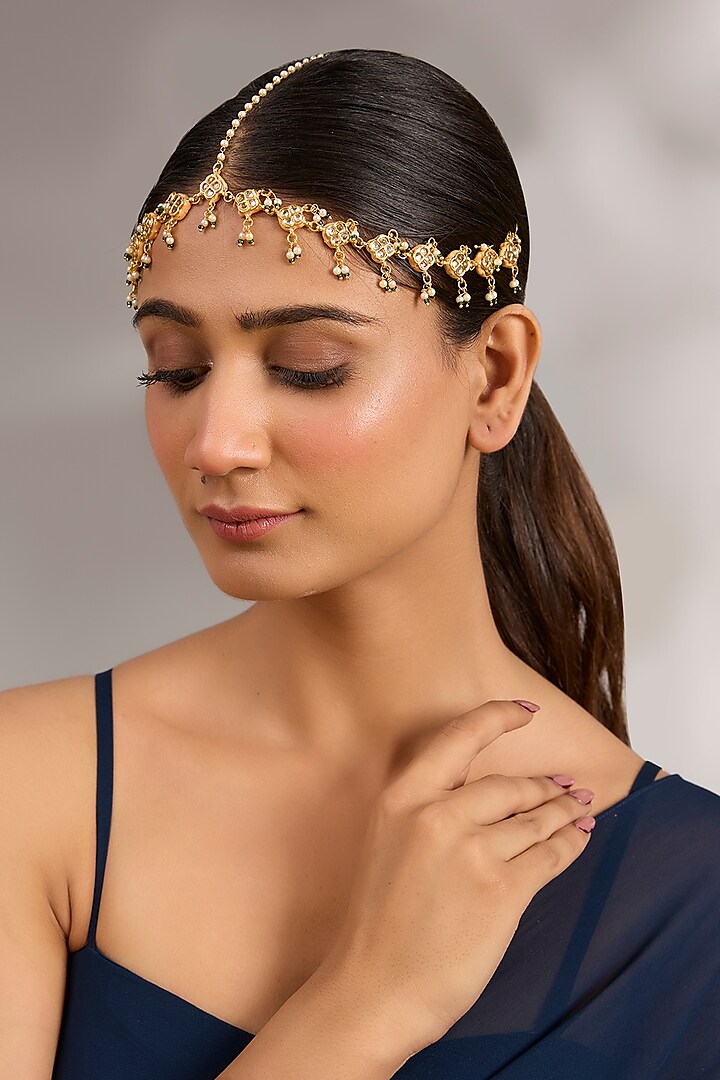 Gold Plated Pearl Enameled Mathapatti by Just Shraddha at Pernia's Pop Up Shop