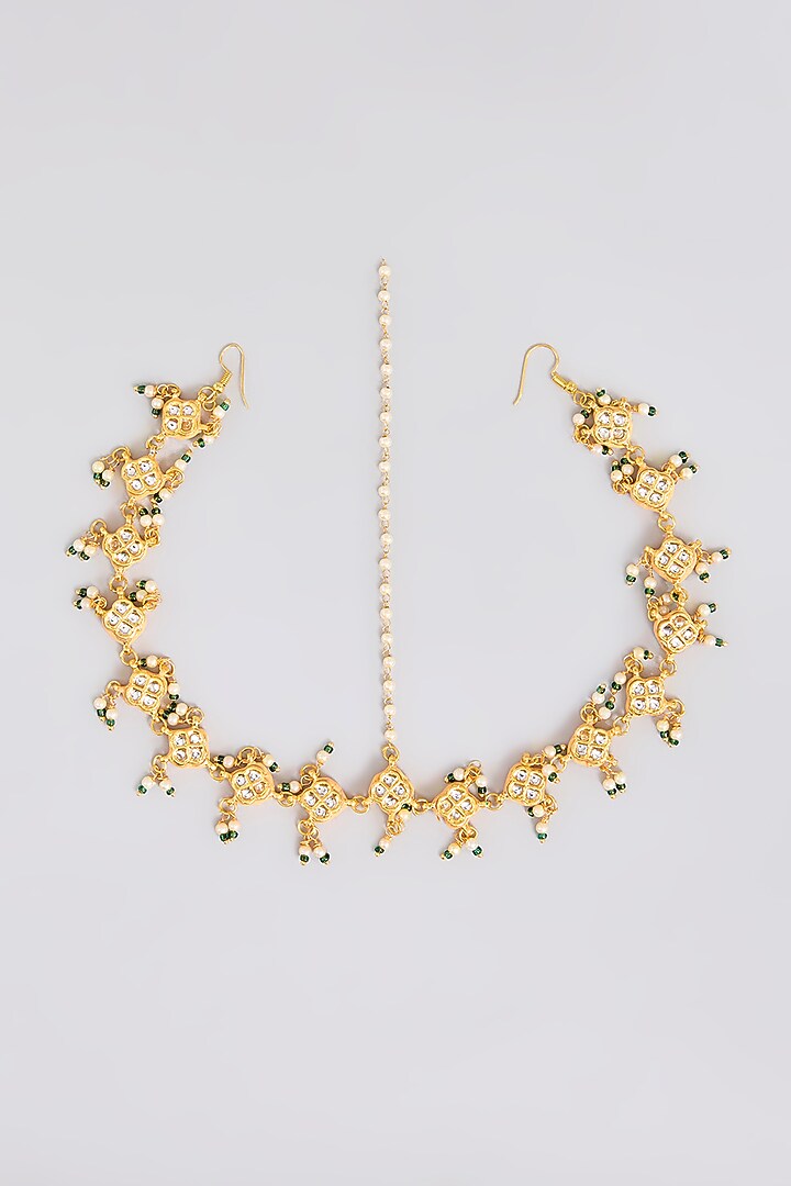 Gold Plated Pearl Enameled Mathapatti by Just Shraddha at Pernia's Pop Up Shop