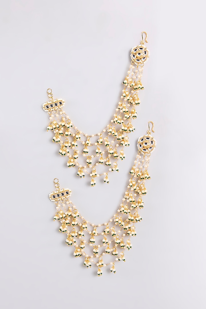 Gold Plated Kundan Polki & Pearl Kaan Chain Earrings by Just Shraddha at Pernia's Pop Up Shop