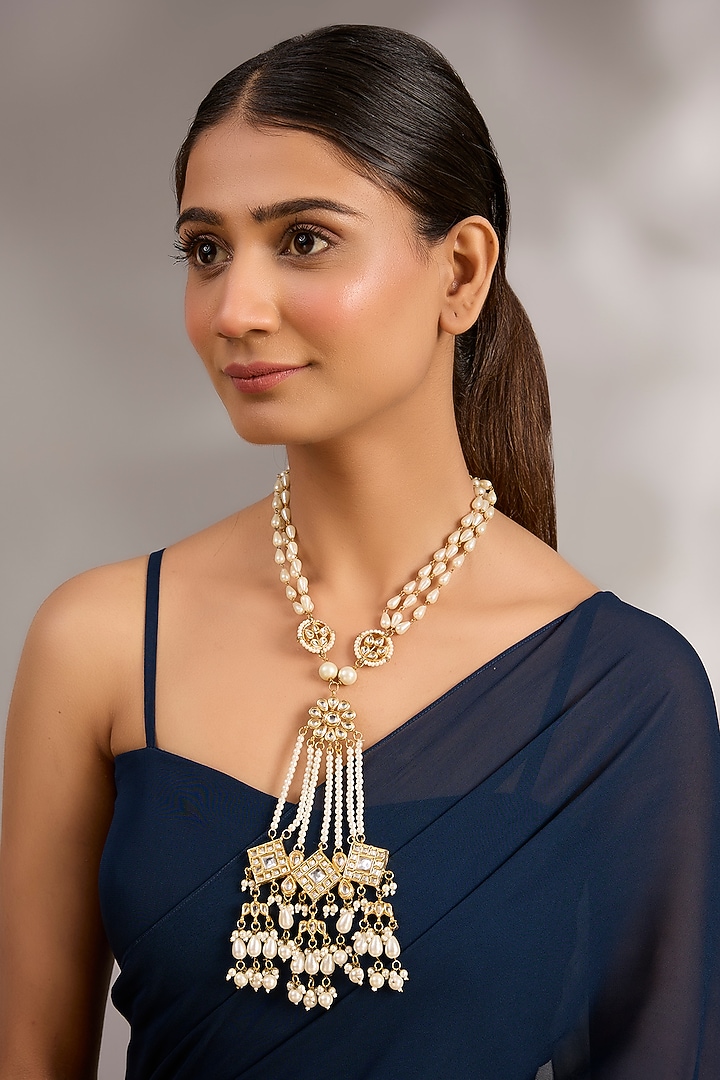Gold Plated Pearl Long Pendant Necklace by Just Shraddha at Pernia's Pop Up Shop