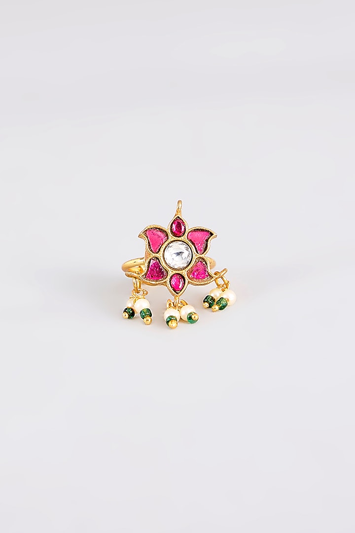 Gold Plated Pink Stone & Pearl Floral Ring by Just Shraddha at Pernia's Pop Up Shop