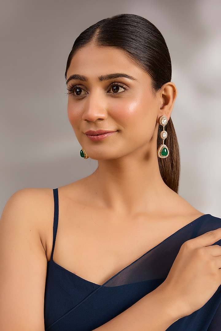 Gold Plated Kundan Polki & Emerald Stone Dangler Earrings by Just Shraddha at Pernia's Pop Up Shop