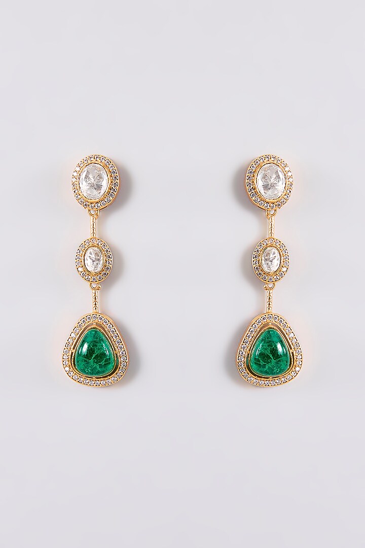 Gold Plated Kundan Polki & Emerald Stone Dangler Earrings by Just Shraddha at Pernia's Pop Up Shop