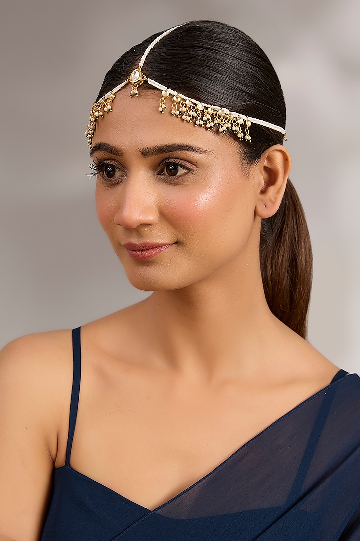 Gold Plated Kundan Polki & Pearl Mathapatti by Just Shraddha at Pernia's Pop Up Shop