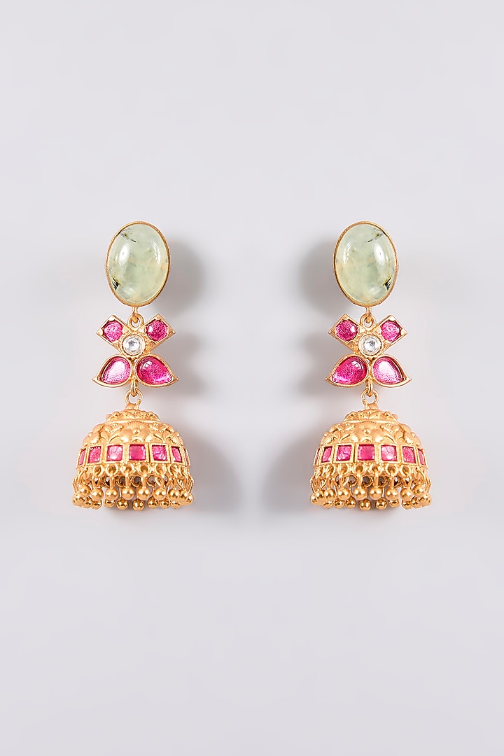 Gold Plated Light Green & Pink Stone Jhumka Earrings by Just Shraddha at Pernia's Pop Up Shop