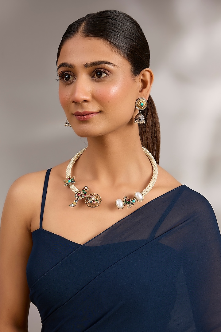 Silver Finish Multi-Colored Stone & Pearl Hasli Necklace by Just Shraddha at Pernia's Pop Up Shop