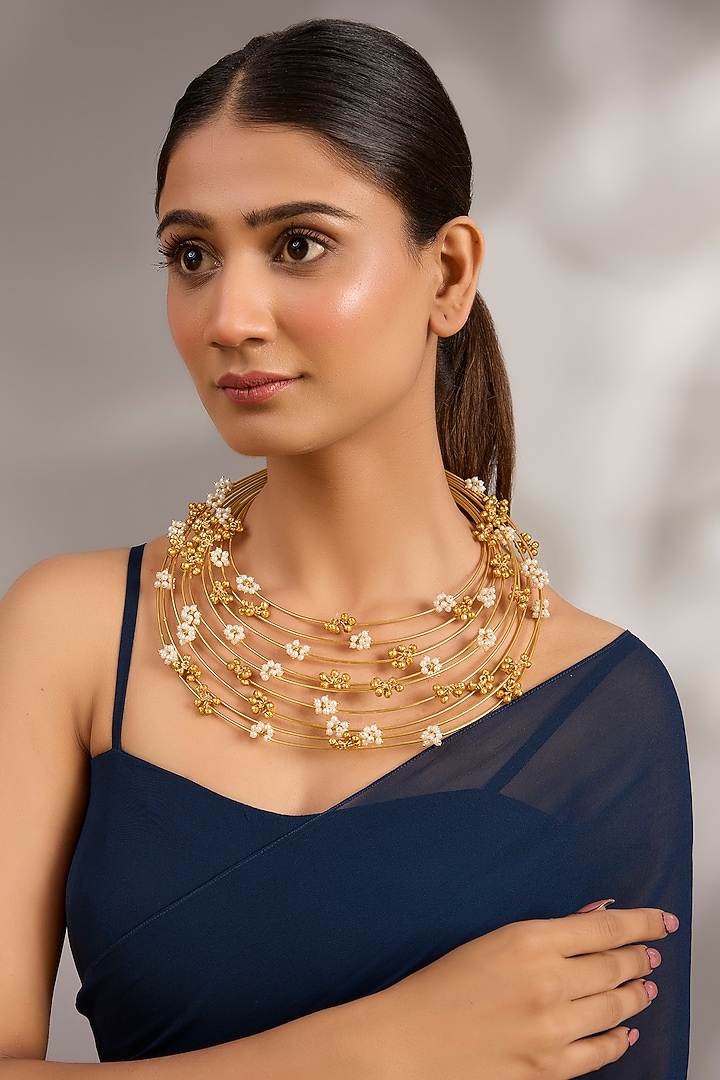 Gold Plated Pearl Layered Wired Necklace by Just Shraddha at Pernia's Pop Up Shop