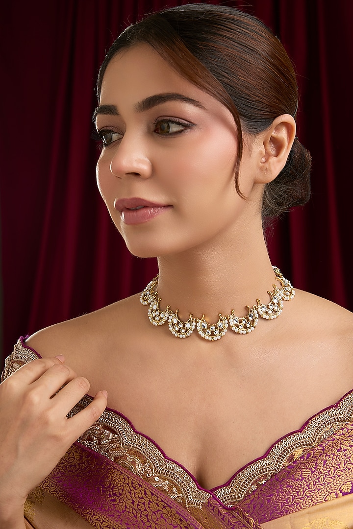 Gold Plated Kundan Polki & Pearl Choker Necklace by Just Shraddha at Pernia's Pop Up Shop