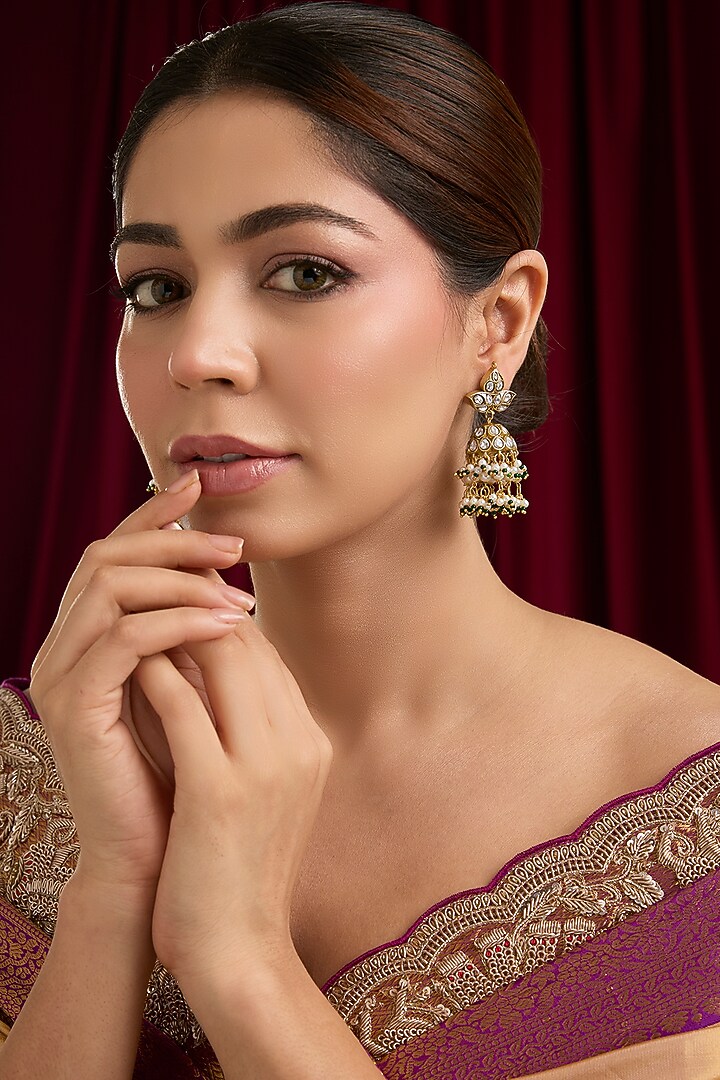 Gold Plated Kundan Polki & Pearl Jhumka Earrings by Just Shraddha at Pernia's Pop Up Shop