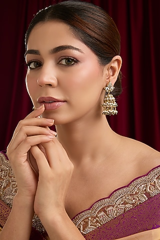 Gold Plated Kundan Polki & Pearl Jhumka Earrings by Just Shraddha