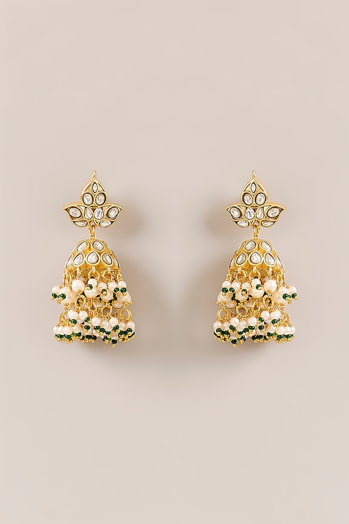 Gold Plated Kundan Polki & Pearl Jhumka Earrings by Just Shraddha at Pernia's Pop Up Shop