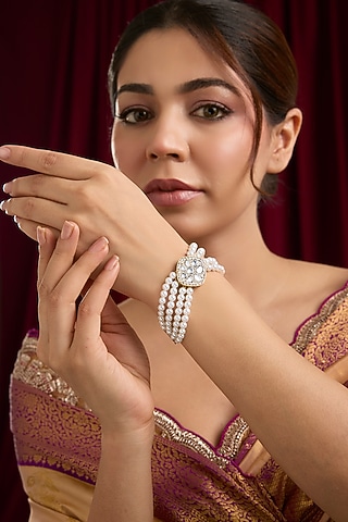 Gold Plated Kundan Polki & Faux Pearl Bracelet by Just Shraddha