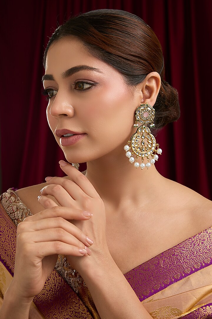 Gold Plated Pearl Meenakari Chandbali Earrings by Just Shraddha at Pernia's Pop Up Shop