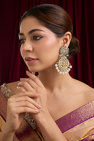 Gold Plated Pearl Meenakari Chandbali Earrings by Just Shraddha