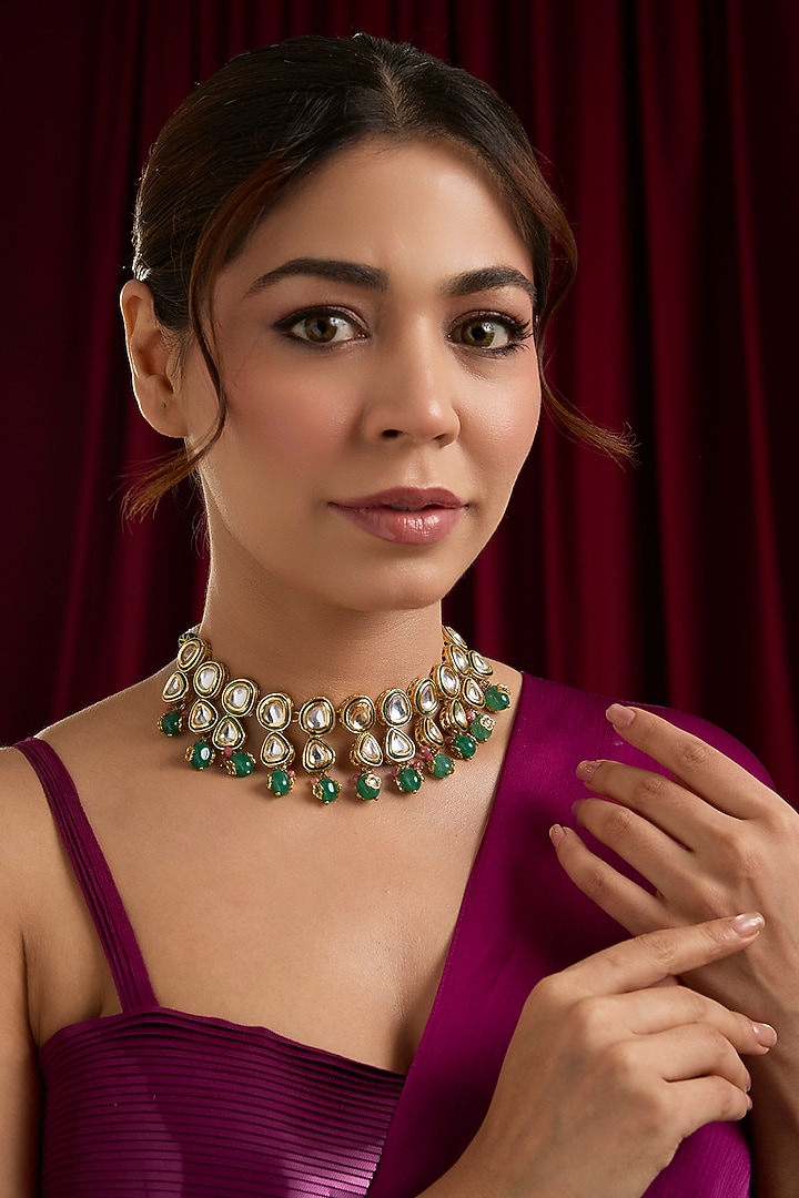Gold Plated Kundan Polki & Beaded Choker Necklace by Just Shraddha at Pernia's Pop Up Shop