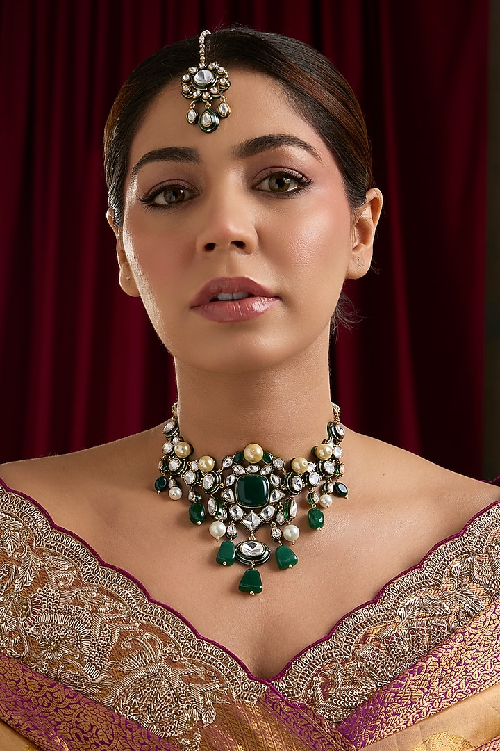 Gold Plated Kundan Polki & Green Beaded Choker Necklace Set by Just Shraddha at Pernia's Pop Up Shop