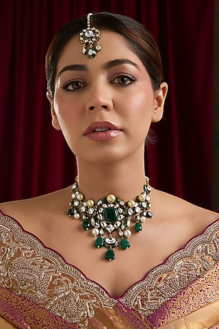 Gold Plated Kundan Polki & Green Beaded Choker Necklace Set by Just Shraddha