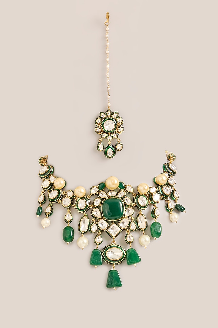 Gold Plated Kundan Polki & Green Beaded Choker Necklace Set by Just Shraddha at Pernia's Pop Up Shop