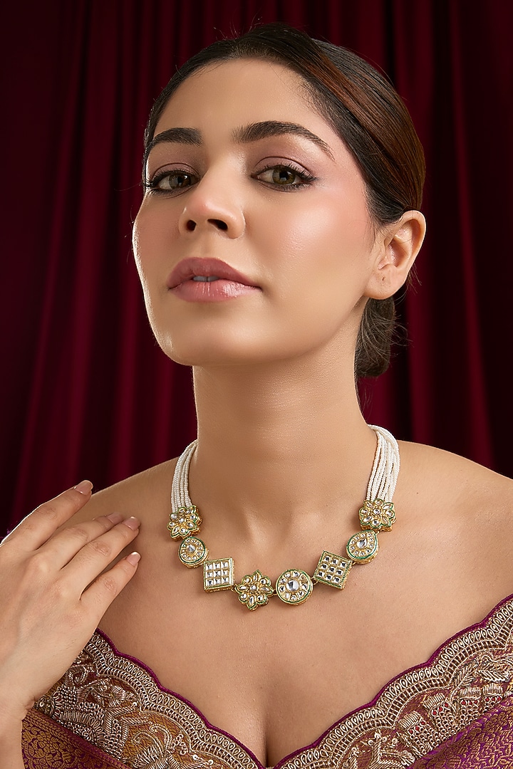 Gold Plated Kundan Polki & Pearl Meenakari Necklace by Just Shraddha at Pernia's Pop Up Shop