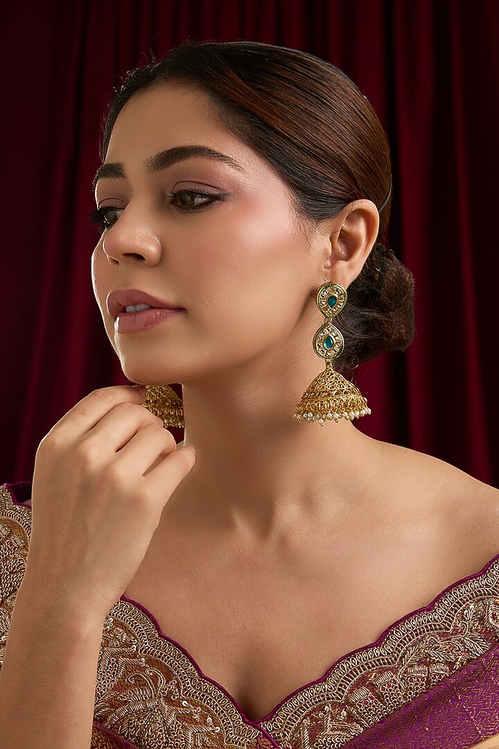 Gold Plated Kundan Polki Jhumka Earrings by Just Shraddha at Pernia's Pop Up Shop