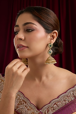Gold Plated Kundan Polki Jhumka Earrings by Just Shraddha
