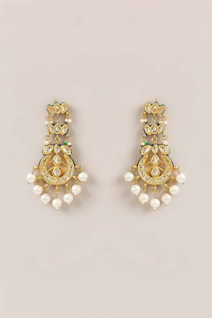 Gold Plated Kundan Polki & Pearl Meenakari Chandbali Earrings by Just Shraddha at Pernia's Pop Up Shop