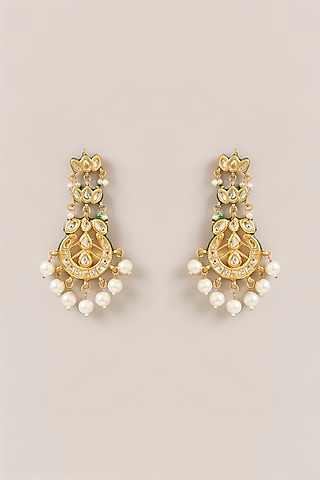 Gold Plated Kundan Polki & Pearl Meenakari Chandbali Earrings by Just Shraddha