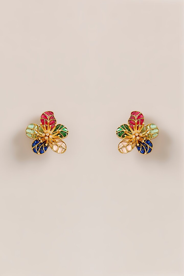 Gold Plated Multi-Colored Synthetic Stone Stud Earrings by Just Shraddha at Pernia's Pop Up Shop
