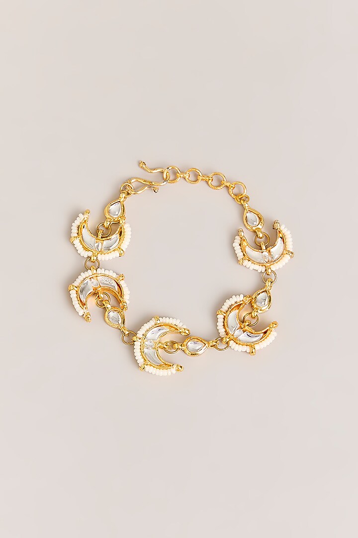 Gold Plated Kundan Polki & Pearl Chand Bracelet by Just Shraddha at Pernia's Pop Up Shop