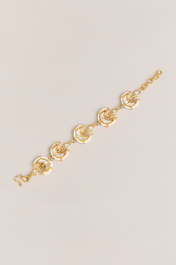 Gold Plated Kundan Polki & Pearl Chand Bracelet by Just Shraddha at Pernia's Pop Up Shop