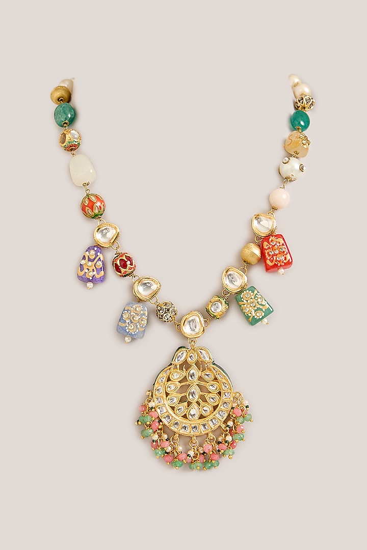 Gold Plated Multi-Colored Beaded & Pearl Long Pendant Necklace by Just Shraddha at Pernia's Pop Up Shop