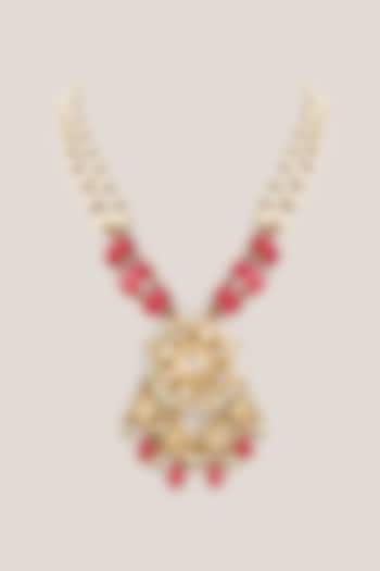 Gold Plated Kundan Polki & Ruby Beaded Pendant Necklace by Just Shraddha at Pernia's Pop Up Shop