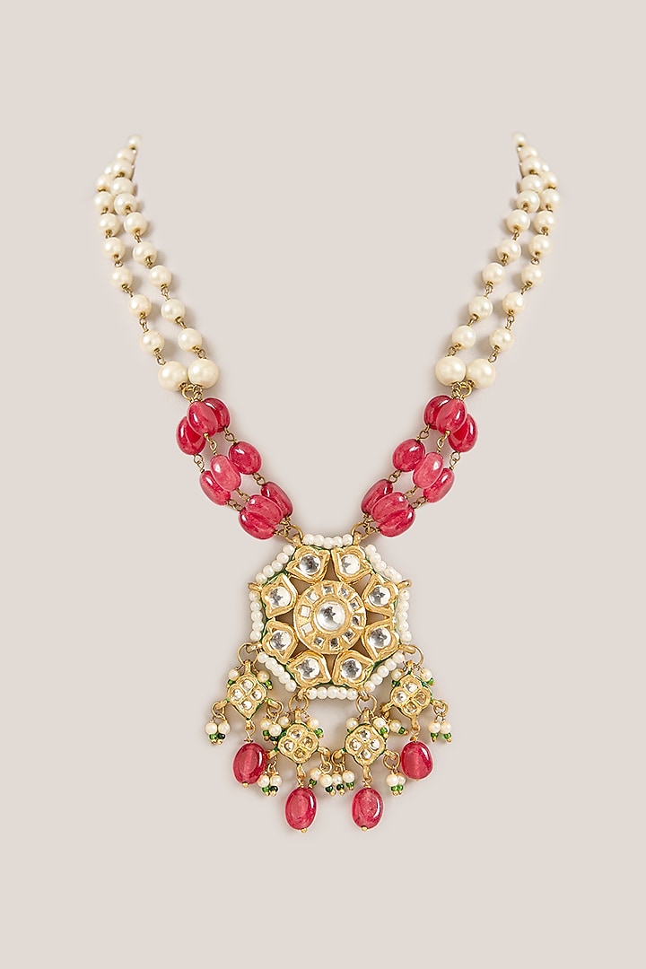 Gold Plated Kundan Polki & Ruby Beaded Pendant Necklace by Just Shraddha at Pernia's Pop Up Shop