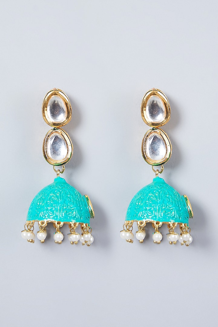 Gold Plated Turquoise Jhumka Earrings by Just Shraddha